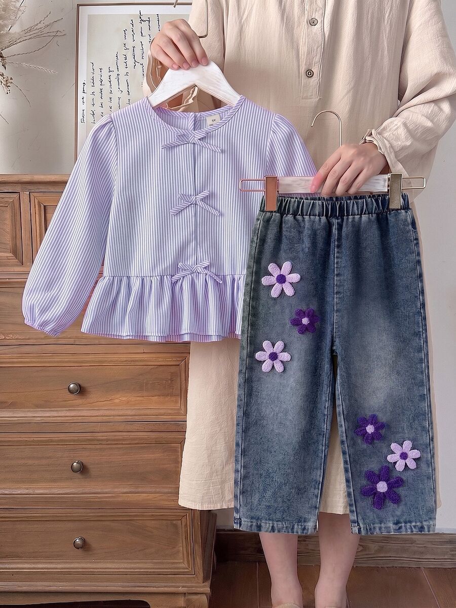 Elladie kids 甜美鄉村風秋季少女蝴蝶結紫色條紋長袖上衣與刺繡花卉裝飾牛仔褲兩件套,適合秋季日常購物與外出穿著 - 紫色 - 查看 1