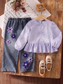 Elladie kids 甜美鄉村風秋季少女蝴蝶結紫色條紋長袖上衣與刺繡花卉裝飾牛仔褲兩件套，適合秋季日常購物與外出穿著 - 紫色 - 查看 9