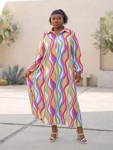 CurvyTilda فستان كاجوال طويل الأكمام إلى الركبة طباعة جميع الأنحاء مع أزرار أمامية مقاسات كبيرة، ملابس نسائية ماكسي - متعدد الألوان - مشاهدة 1