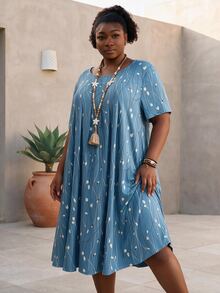 CurvyTilda Plus Size Summer Floral Printed Short Sleeve Dress - Blue - View 1