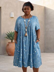 CurvyTilda Plus Size Summer Floral Printed Short Sleeve Dress - Blue - View 3