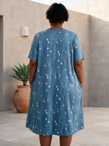 CurvyTilda Plus Size Summer Floral Printed Short Sleeve Dress - Blue - View 2