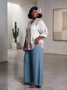 CurvyTilda Women's Printed Top And Solid Color Wide Leg Pants Casual Suit, Minimalist Versatile Plus Size 2-Piece Set Fall - Multicolor - View 4