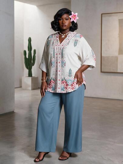 CurvyTilda Women's Printed Top And Solid Color Wide Leg Pants Casual Suit, Minimalist Versatile Plus Size 2-Piece Set Fall