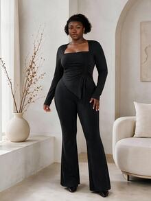 CurvyTilda 秋冬天鹅领不对称褶皱长袖T恤搭配喇叭裤，黑色弹力针织两件套，适合休闲、约会、派对、返校、通勤黑色两件套曲线裤套装 - 黑色 - 查看 3