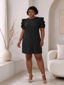 CurvyTilda Plus Size Floral Printed Puff Sleeves Easter Dress,Business Casual Woman - Black - View 3