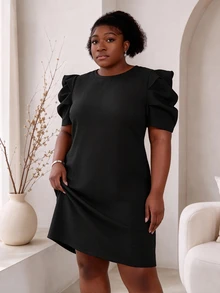 CurvyTilda Plus Size Floral Printed Puff Sleeves Easter Dress,Business Casual Woman - Black - View 4
