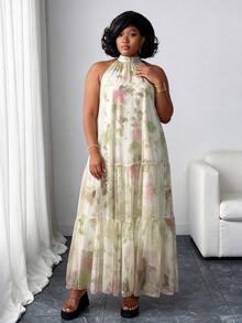 CurvyTilda 大码女式优雅编织无袖花卉网眼连衣裙 - 綠色 - 查看 1