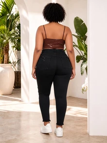 CurvyTilda Plus Size Women Black Ripped Distressed Skinny Stretch Casual Jeans, Fall Women Clothes - Black - View 3