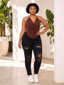 CurvyTilda Plus Size Women Black Ripped Distressed Skinny Stretch Casual Jeans, Fall Women Clothes - Black - View 2