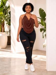 CurvyTilda Plus Size Women Black Ripped Distressed Skinny Stretch Casual Jeans, Fall Women Clothes - Black - View 5