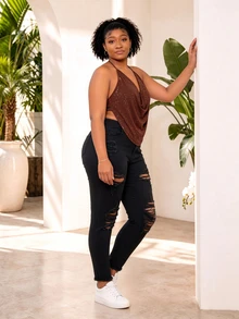 CurvyTilda Plus Size Women Black Ripped Distressed Skinny Stretch Casual Jeans, Fall Women Clothes - Black - View 4