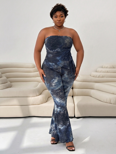 CurvyTilda 2pcs Set:Black Plus Size Bandeau Top And Flared Pants, Spring/SummerSummer Outfits For Women,Club Night Women,Beach Woman,Two Piece Jumpsuit,Tube Sexy