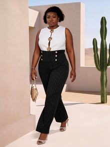 CurvyTilda Plus Size Casual Commuter Striped Drawstring Waist Straight Leg Pants Fall Cloth For Women - Black - View 2