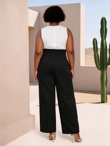CurvyTilda Plus Size Casual Commuter Striped Drawstring Waist Straight Leg Pants Fall Cloth For Women - Black - View 3
