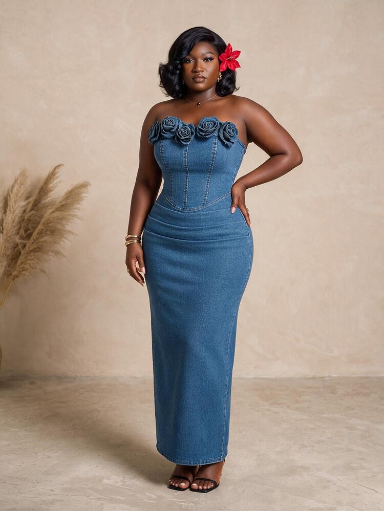 CurvyTilda Plus Size Women Floral Decor Tube Top Denim Dress - Blue - View 3