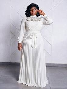 CurvyTilda Vestido largo elegante con cintura ceñida y patchwork para mujer de talla grande - Blanco - Ver 3