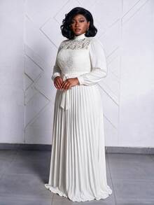 CurvyTilda Vestido largo elegante con cintura ceñida y patchwork para mujer de talla grande - Blanco - Ver 1