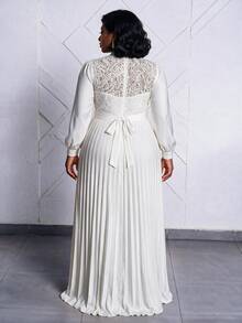 CurvyTilda Vestido largo elegante con cintura ceñida y patchwork para mujer de talla grande - Blanco - Ver 2