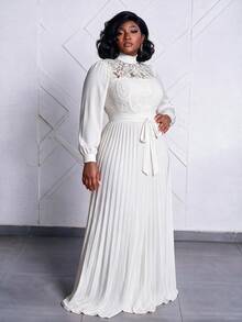 CurvyTilda Vestido largo elegante con cintura ceñida y patchwork para mujer de talla grande - Blanco - Ver 4