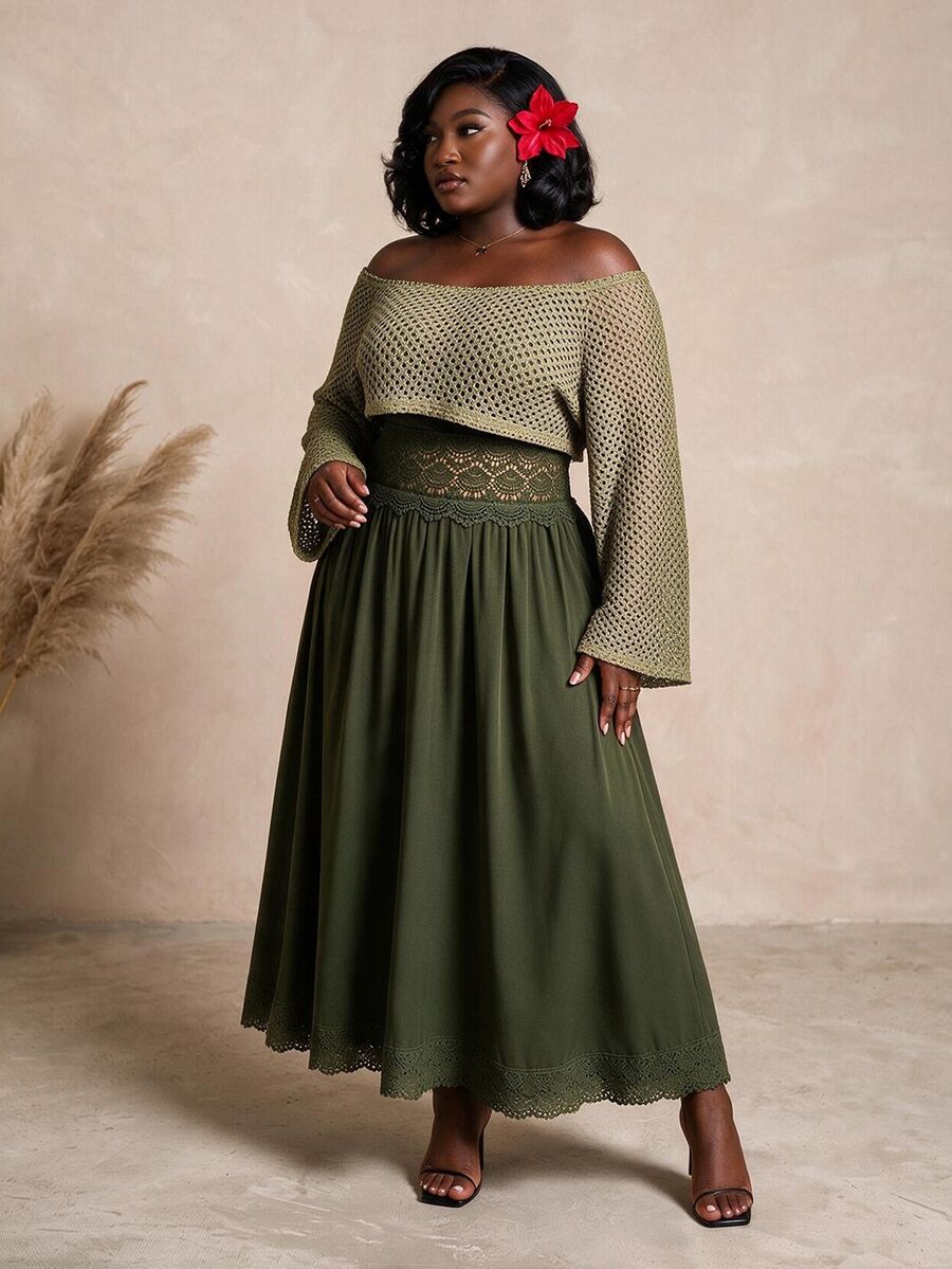 CurvyTilda Plus Size 2 Pieces Set: Military Green Floral Lace Dress & Apricot Hollow Out Grid Cover Up - Army Green - View 1