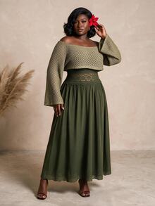 CurvyTilda Plus Size 2 Pieces Set: Military Green Floral Lace Dress & Apricot Hollow Out Grid Cover Up - Army Green - View 4