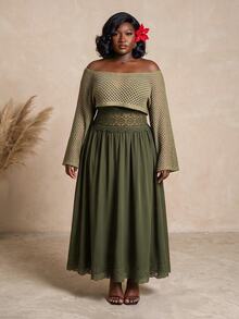 CurvyTilda Plus Size 2 Pieces Set: Military Green Floral Lace Dress & Apricot Hollow Out Grid Cover Up - Army Green - View 3