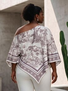 CurvyTilda 大码女式休闲不对称领长袖不对称下摆衬衫斜肩开衩袖宽松时尚复古日落假日印花蝙蝠袖上衣，四季皆宜，日常通勤、外出皆可穿着，波西米亚风女装上衣围巾上衣斗篷上衣披肩上衣 - 淺灰色 - 查看 2