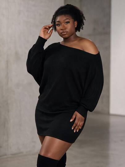 CurvyTilda Plus Size Women's Solid Color Oblique Shoulder Long Sleeve Ribbed Fashionable Dress Spring Fall
