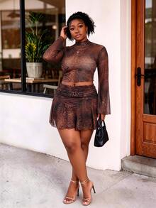 CurvyTilda Plus Size Women's Brown Glam Night Out Club Flare Sleeve Leopard Print Blouse,Ruched Waist Slit A-Line Mini Skirt Set,Summer Music Festival,Party,Date - Brown - View 4
