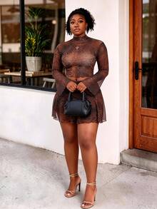 CurvyTilda Plus Size Women's Brown Glam Night Out Club Flare Sleeve Leopard Print Blouse,Ruched Waist Slit A-Line Mini Skirt Set,Summer Music Festival,Party,Date - Brown - View 3