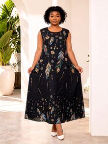 CurvyTilda Plus Size Women's Sleeveless Floral Print Dress, Summer,Holiday Outfits For Womenfall Clothes For Women,Winter,CURVE PLUS - Black - View 4