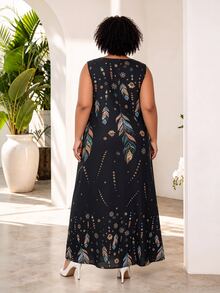 CurvyTilda Plus Size Women's Sleeveless Floral Print Dress, Summer,Holiday Outfits For Womenfall Clothes For Women,Winter,CURVE PLUS - Black - View 2