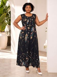 CurvyTilda Plus Size Women's Sleeveless Floral Print Dress, Summer,Holiday Outfits For Womenfall Clothes For Women,Winter,CURVE PLUS - Black - View 1