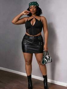 CurvyTilda Plus Size Contrast Mesh Crop Cami Black Corset Top, For Summer Date Night Cocktail Rave Sexy - Black - View 3