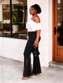 CurvyTilda Plus Size Solid Color Simple Flare Leg Pants, Casual Everyday Wear Fall Cloth For Women - Black - View 4
