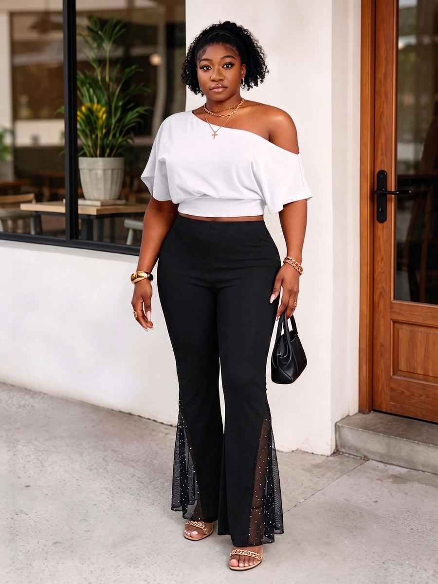 CurvyTilda Plus Size Solid Color Simple Flare Leg Pants, Casual Everyday Wear Fall Cloth For Women - Black - View 1