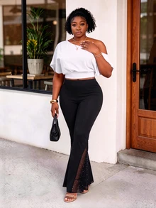 CurvyTilda Plus Size Solid Color Simple Flare Leg Pants, Casual Everyday Wear Fall Cloth For Women - Black - View 3
