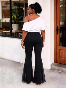 CurvyTilda Plus Size Solid Color Simple Flare Leg Pants, Casual Everyday Wear Fall Cloth For Women - Black - View 2