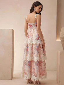 Anewsta Sommer Neu Spitzen-Träger V-Ausschnitt Romantisches Blumenmuster Spitzenbesatz Urlaub Kuchen-Stufen Maxi Kleid Für Reisen, Zusammenkünfte, Partys, Pastorale Elegante Damenkleid - Mauve - Übersicht 2