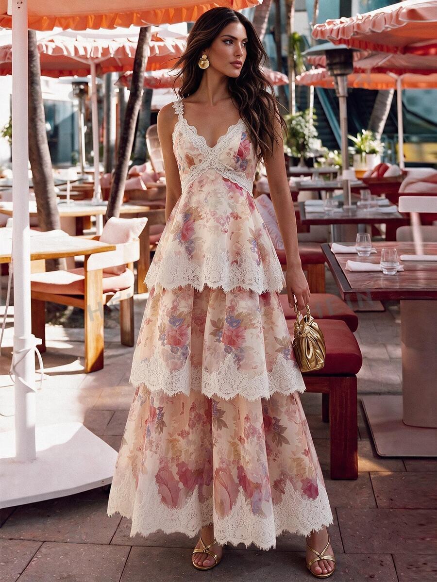 Anewsta Sommer Neu Spitzen-Träger V-Ausschnitt Romantisches Blumenmuster Spitzenbesatz Urlaub Kuchen-Stufen Maxi Kleid Für Reisen, Zusammenkünfte, Partys, Pastorale Elegante Damenkleid - Mauve - Übersicht 1