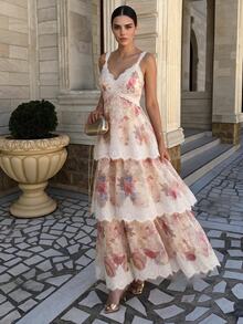 Anewsta Sommer Neu Spitzen-Träger V-Ausschnitt Romantisches Blumenmuster Spitzenbesatz Urlaub Kuchen-Stufen Maxi Kleid Für Reisen, Zusammenkünfte, Partys, Pastorale Elegante Damenkleid - Mauve - Übersicht 3
