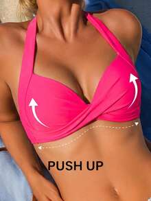 Voyashape 2025 Women's Solid Color Halter Tie Bikini Swimwear Top Summer - Red - View 5