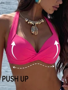 Voyashape 2025 Women's Solid Color Halter Tie Bikini Swimwear Top Summer - Red - View 4
