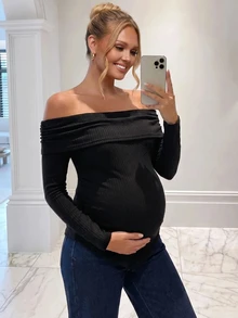 SHEIN Maternity Minimalist Asymmetrical Hem Off-Shoulder T-Shirt - Black - View 7
