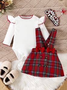 SHEIN 套裝 嬰兒假日穿搭 秋冬嬰兒服飾 女嬰 2 件套 格紋吊帶洋裝 荷葉邊羅紋上衣 蝴蝶結裝飾 蘇格蘭格紋洋裝 - 紅色 - 查看 1