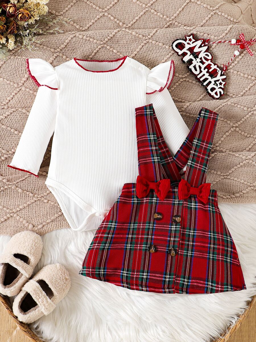 SHEIN 套裝 嬰兒假日穿搭 秋冬嬰兒服飾 女嬰 2 件套 格紋吊帶洋裝 荷葉邊羅紋上衣 蝴蝶結裝飾 蘇格蘭格紋洋裝 - 紅色 - 查看 1