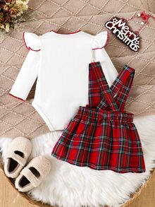 SHEIN 套裝 嬰兒假日穿搭 秋冬嬰兒服飾 女嬰 2 件套 格紋吊帶洋裝 荷葉邊羅紋上衣 蝴蝶結裝飾 蘇格蘭格紋洋裝 - 紅色 - 查看 2