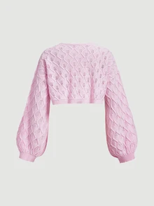 SHEIN MOD Cardigan Rajut Berongga Warna Polos untuk Wanita dengan Lengan Lentera - Berwarna merah muda - View 3