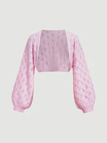 SHEIN MOD Cardigan Rajut Berongga Warna Polos untuk Wanita dengan Lengan Lentera - Berwarna merah muda - View 4